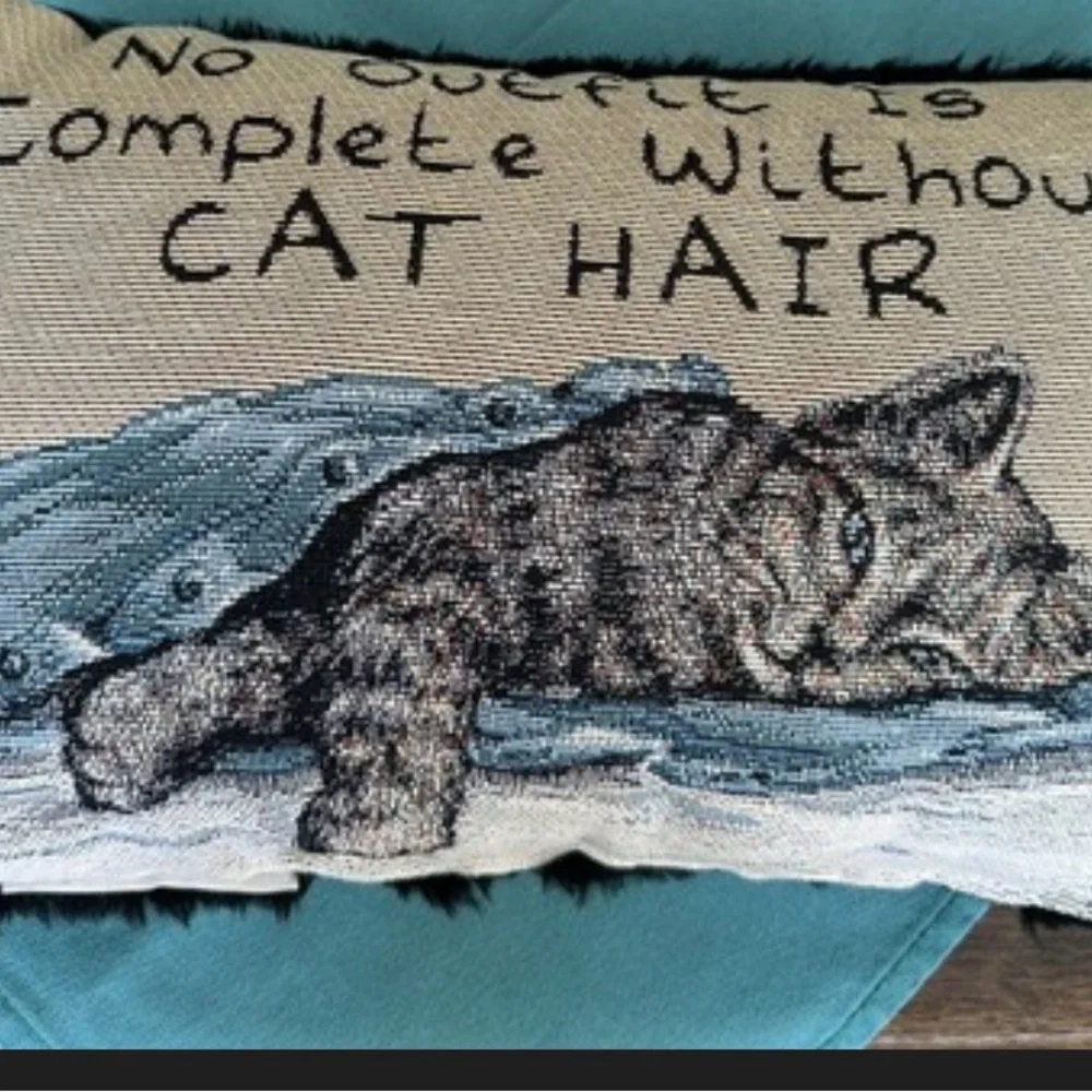 Cat-Themed Decorative Pillow with Blue and Gray Design